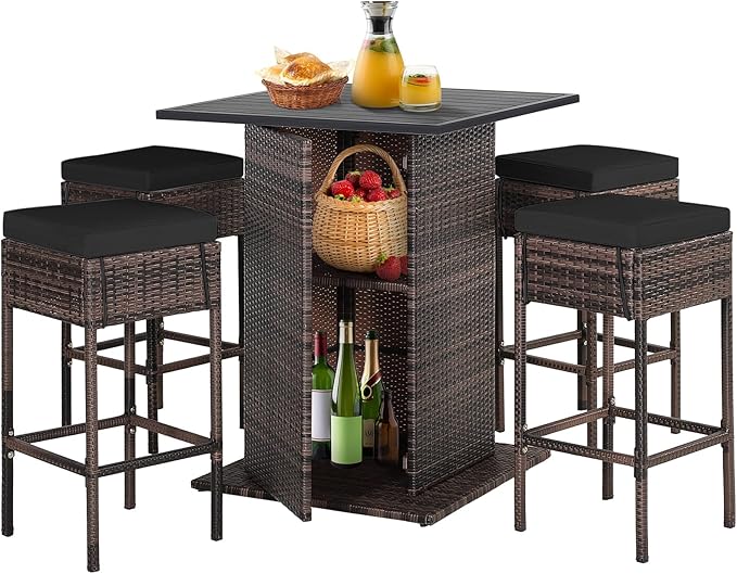 Tangkula 5 Piece Outdoor Rattan Bar Set, Patio Bar Furniture with 4 Cushions Stools and Smooth Top Table with Hidden Storage Shelf, Outdoor Conversation Set for Poolside, Backyard, Lawn