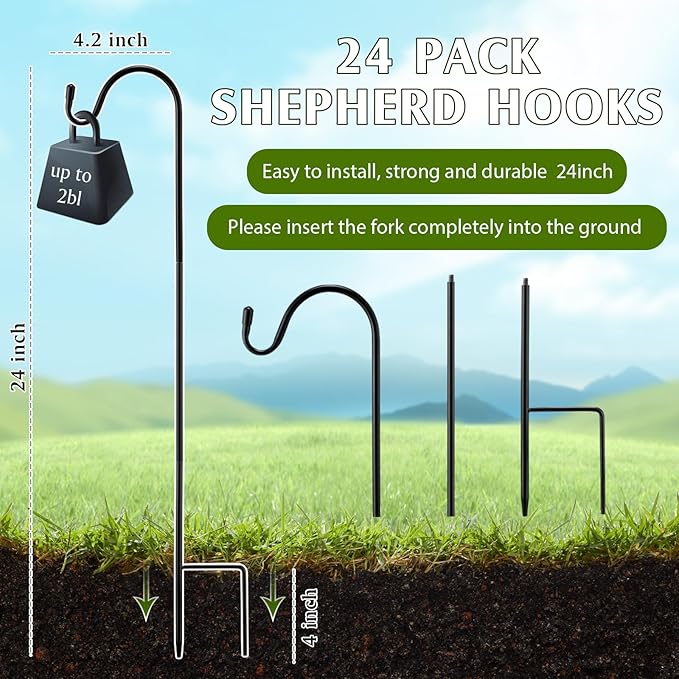 24 Pcs 24 Inch Shepherds Hook for Outdoor Adjustable Bird Feeder Pole Metal Steel Shepard Hooks for Hummingbird Stand Feeder Pole for Garden Plant, Lantern, Hanging Wedding Decor