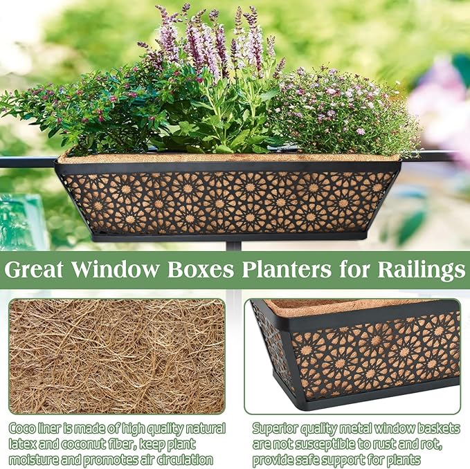 Halatool 4Pack 30 Inch Window Box with Coco Liner Sturdy Metal Railing Planter with Coconut Coir Basket Liners for Window Deck Fence Porch and Patio Outdoor Indoor Lawn