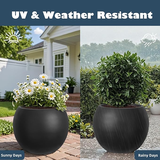 Large Round Planter with Drainage Hole, 13.7''H × 17.7''D Sphere Planter Indoor Plant Flower Pot for Outdoor Garden Patio Home, Black