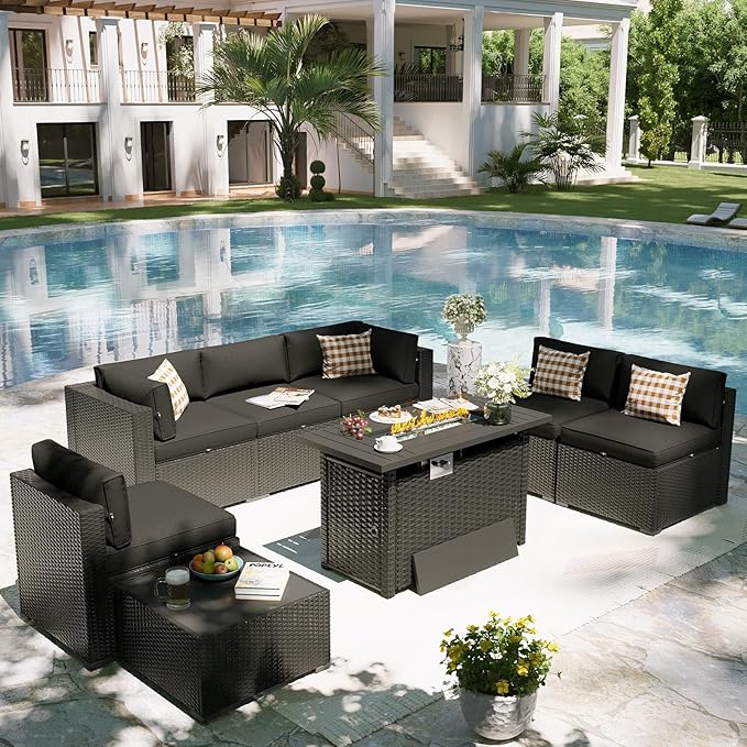 Aoxun Patio Furniture Set with Fire Pit Table, 8 Piece Outdoor Sectional Sofas, Wicker Rattan Outdoor Furniture with Thickened Cushion for Backyard, Garden Black