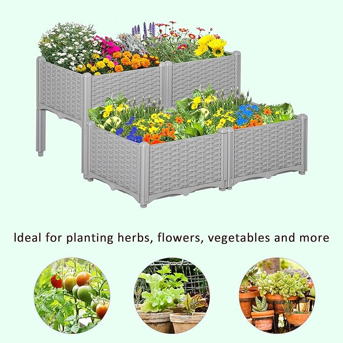 Outsunny 4 Piece Raised Garden Bed with Legs, Planter Box Raised Bed to Grow Flowers, Herbs & Vegetables, Gray