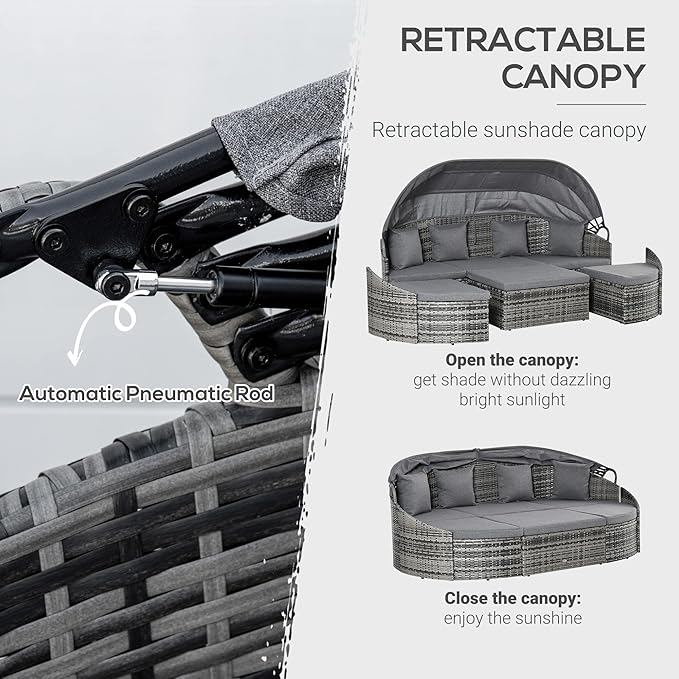 Outsunny 4-Piece Outdoor Rattan Furniture Set, Round Convertible Patio Daybed or Sunbed, Sectional Sofa with Canopy, Pillows, Cushions, Footrest, Table, PE Plastic Wicker, Gray