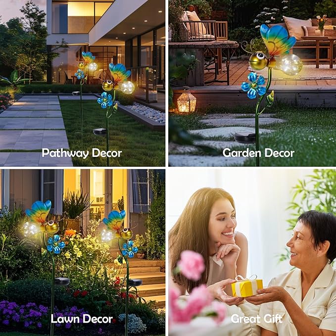 Decorative Solar Lights Outdoor Solar Bee Stake Lights Metal Decorative Garden Lights Outdoor Waterproof Stakes for Pathway Yard Lawn Decoration Mothers Day Mom Gifts