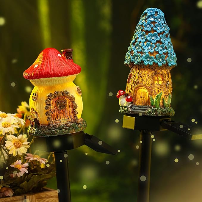 2 Pack Fairy Outdoor Garden Fairy House Mushroom Solar Light Home Statue LED Light for Spring Outside Garden Lawn Walkway Patio Yard Backyard Plant Decoration