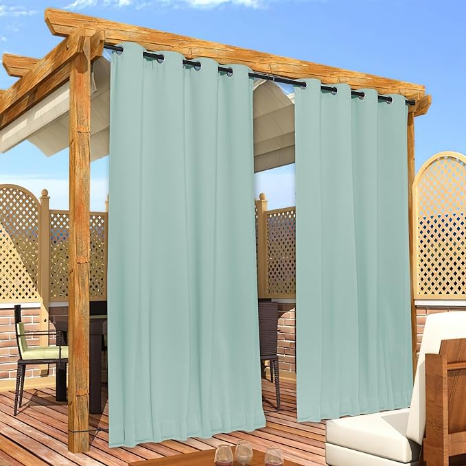 NICETOWN 2 Panels Weighted Blackout Aqua Blue Outdoor Curtains for Patio Waterproof, Top & Bottom Grommet & Back Tab Fixed Windproof Drapes Thermal Insulated for Pool with Rope, W52 x L84