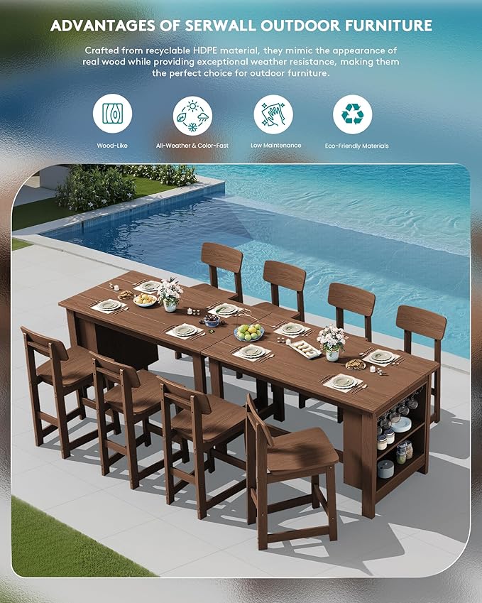 SERWALL 3-Piece Outdoor Counter Height Bar Set, HDPE Patio Bar Table with Wine Rack & Storage Shelf, 2 All-Weather Bar Stools, Patio Bar Dining Furniture Set for 3, Brown
