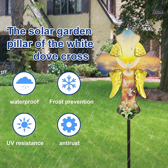 Solar White Dove Cross Garden lamp - Angel Wing Memorial Decoration, Waterproof Cemetery Solar Wooden Stake lamp for Easter, Courtyard, Yard - A Sympathetic Gift for Loved Ones.