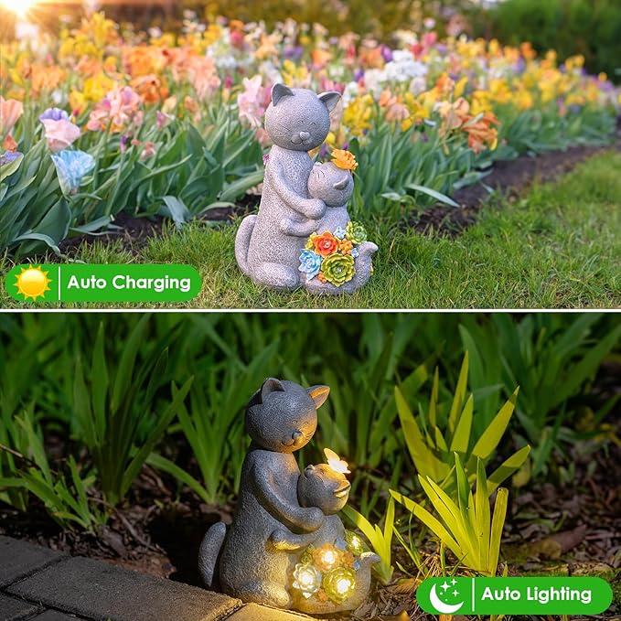 Solar Garden Statues Loving Cat Figurine Lights for Outside, Yard Decorations Outdoor, Garden Decor Unique Mothers Day Birthday Housewarming Gifts for Mom, Women, Lover