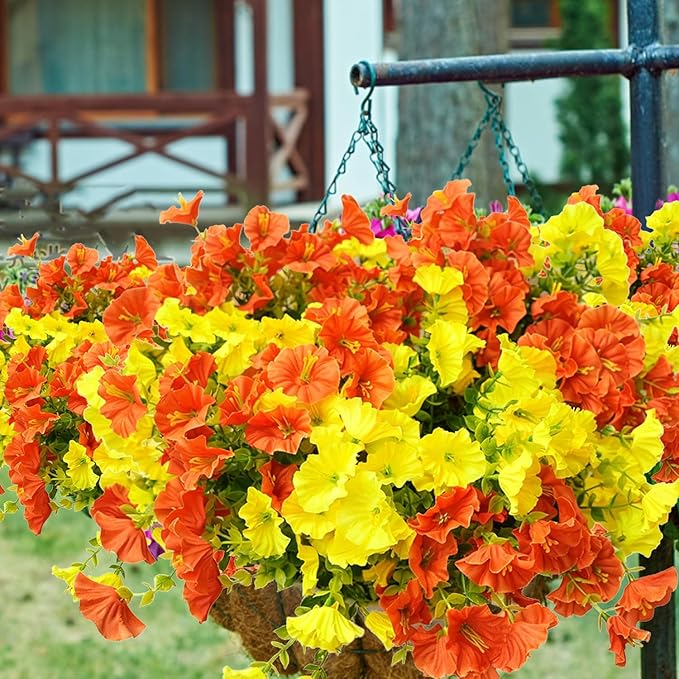 Artificial Flowers for Outdoors, UV Resistant Fake Silk Morning Glory, Realistic Faux Plants for Outside Porch Patio Window Box Hanging Planter (16, Orange Yellow)