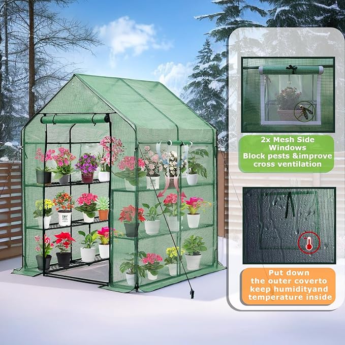 Walk-in Greenhouse for Outdoors, Thickened PE Cover & Heavy Duty Powder-Coated Steel, Mesh Door & Screen Windows, 14 Sturdy Shelves 4.7x4.7x6.4 FT, (GHW002G)