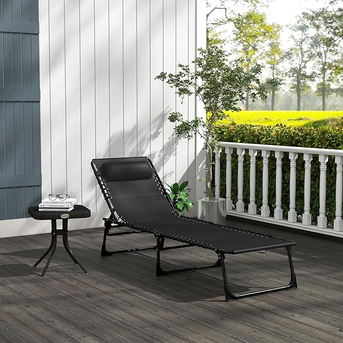Outsunny Folding Chaise Lounge Chair, Patio Sun Tanning Chair, Outdoor Chaise Lounger with 4-Position Reclining Back, Breathable Mesh Seat for Beach, Poolside, Yard, Black