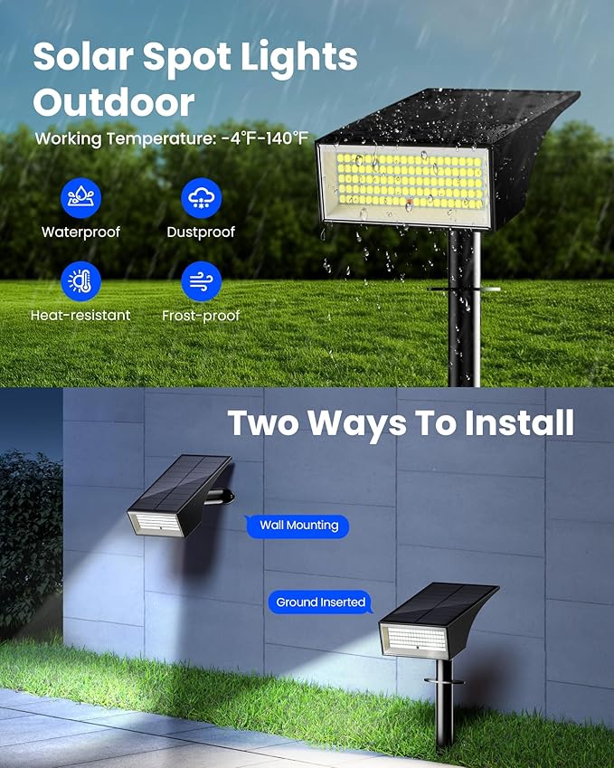 Koicaxy Solar Spot Lights Outdoor Waterproof IP65, 100 LEDs 4 Lighting Modes Landscape Spotlight for Garden Yard Pathway House, Cool White, 1 Pack
