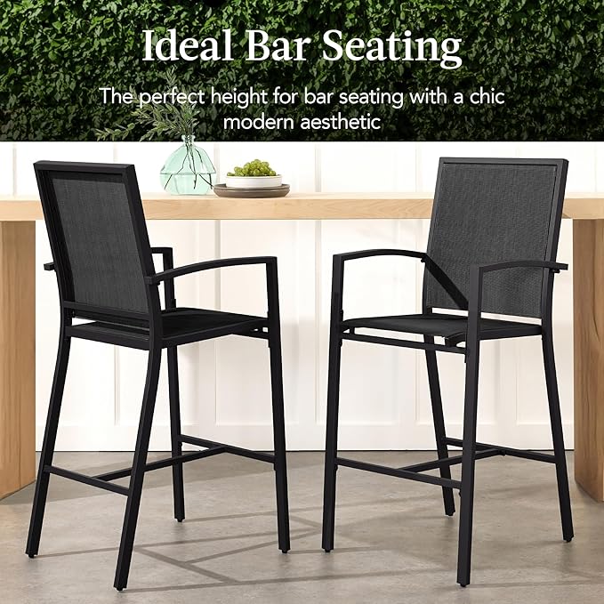 Best Choice Products Outdoor Bar Stools Set of 2, Bar Height, Patio Furniture, All Weather Mesh Design w/Armrest - Black /Black