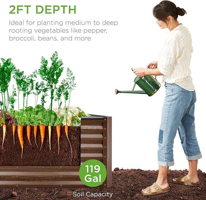 Best Choice Products 4x2x2ft Outdoor Metal Raised Garden Bed, Deep Root Box Planter for Vegetables, Flowers, Herbs, 119 Gallon Capacity, 100% Non Toxic Materials - Dark Brown Wood Grain