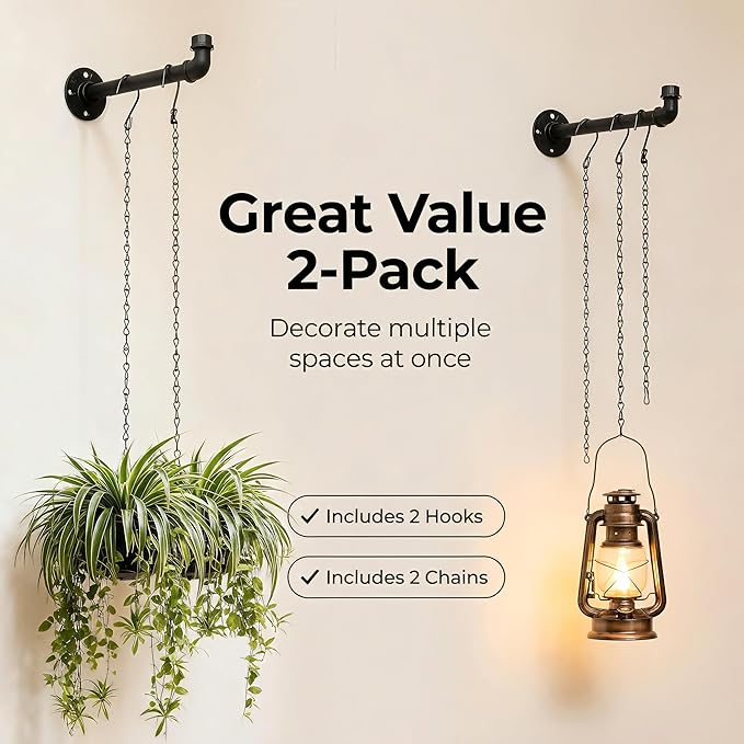 2 Pack Black Metal Pipe Plant Hanger Indoor with Hanging Chains, Industrial Window and Wall Mounted Hanging Rod Planter for Plants, Pots/Plants Not Included