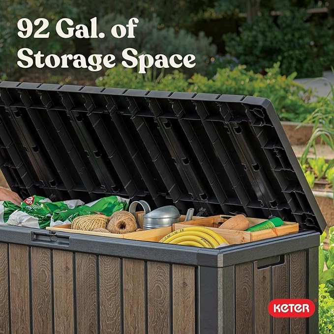 Keter Signature Collection 92 Gallon Resin Deck Box Organization and Storage Box for Patio Outdoor Cushions, Throw Pillows, Garden Tools and Pool Supplies, Walnut