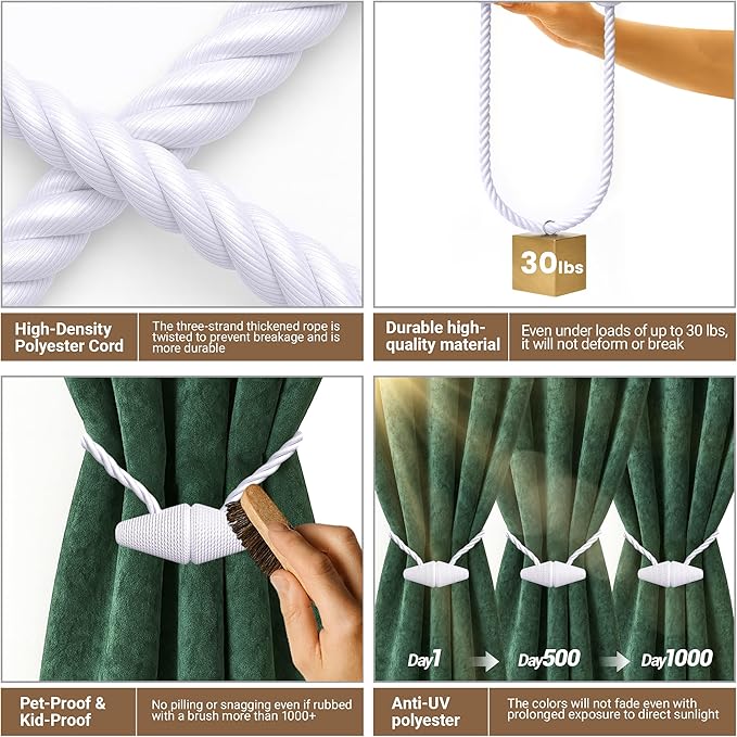 Hion Magnetic Curtain Tiebacks White 2pcs, Curtain Tiebacks Buckles Holdbacks Holders Hooks Clip for Home Bedroom Office Decorative Curtain
