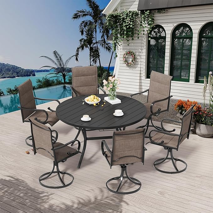 MELLCOM 53'' Round Outdoor Dining Table for 6, Metal Patio Dining Table with Umbrella Hole, All-Weather Black Table for Porch, Garden, Backyard, Poolside, Lawn