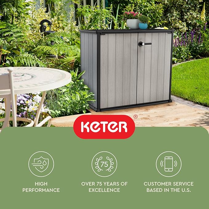 Keter Patio Store 4.6 x 4.0 ft. Resin Outdoor Storage Shed with Paintable and Drillable Walls for Customization-Perfect for Yard Tools and Pool Toys, Grey