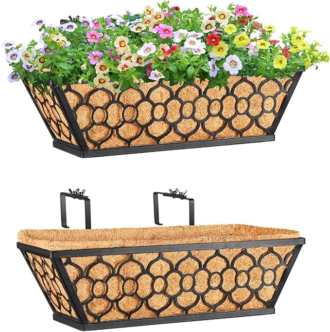 Riare 2 Pack 16 Inch Window Boxes Planters with Coco Liner, Metal Deck Railing Planter Boxes, Balcony Planters Railing Hanging, Horse Trough Window Flower Planter Boxes for Outdoor Porch Fence Patio