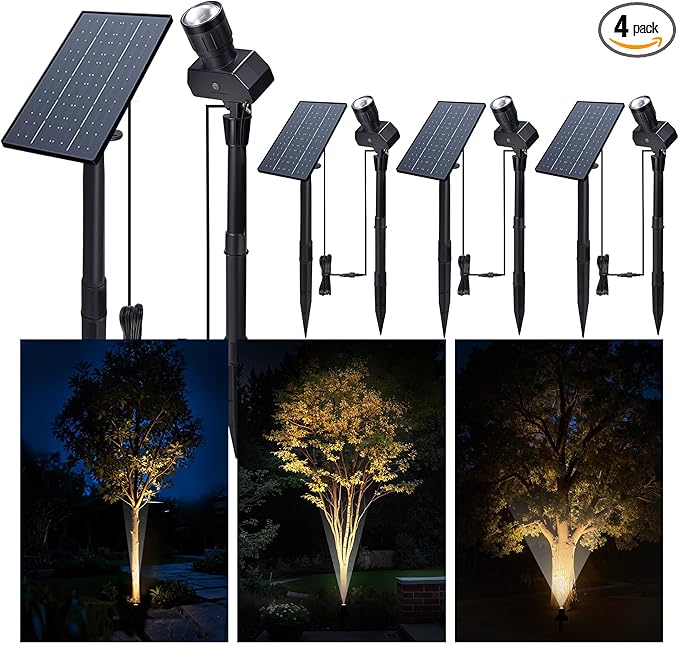 Outdoor Solar Spotlight, Adjustable Angle Landscape Spotlight Waterproof, 2500mAh All Night Separate Panel LED Uplight Dusk to Dawn, 5 Lighting Modes for Outside Patio Wall Path House 4 Pack