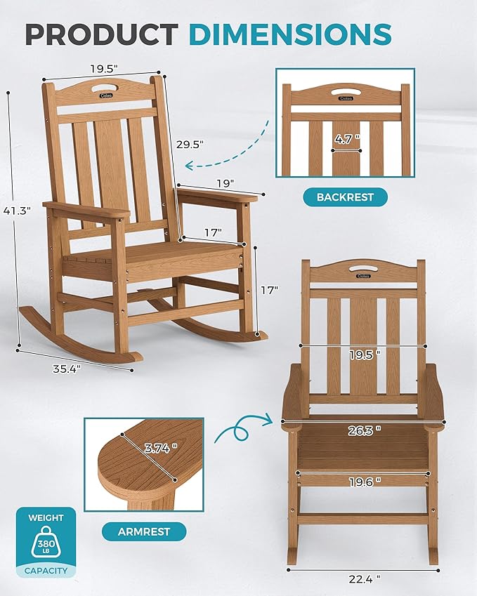 Ciokea Oversized Outdoor Rocking Chairs Set of 4, 380lbs Heavy-Duty Large Patio Rocker, High Back Cozy Porch Chairs, Weather Resistant Patio Rocking Chairs for Outside, Fire Pit, Deck, Teak