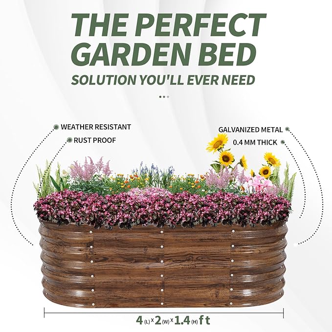 1MORE Galvanized Raised Garden Bed- Planter Garden Boxes Outdoor, Raised Beds for Gardening, 4x2x1.4ft Metal Garden Bed Kit for Vegetables Flower, Planter Raised Bed with Protective Tape & Tools.Grain