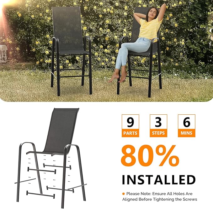 VINGLI Outdoor Bar Chairs Set of 6 – Stackable Outdoor Bar Stools with Sturdy Sling High Back and Armrests for Lawn, Courtyard, Garden, Bar, Black