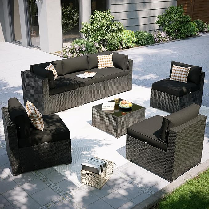Aoxun Patio Furniture Set, 7 Piece Outdoor Sectional Sofas with Waterproof Cover, Wicker Rattan Outdoor Furniture Patio Conversation Set for Backyard, Garden Black