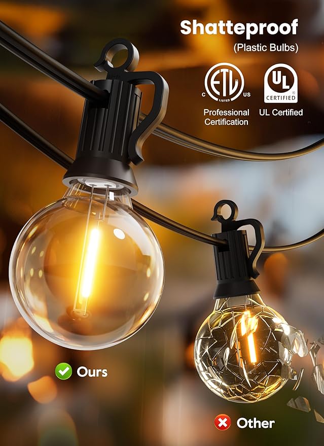 Brightown Outdoor String Lights, 100FT 100+2 G40 Bulbs Shatterproof Patio Lights, IP65 Waterproof Dimmable Hanging Connectable Globe LED Outdoor Lights for Backyard, Bistro, Porch, Deck, Balcony