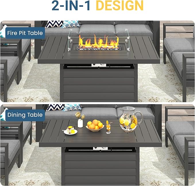 Solaste Aluminum Outdoor Patio Furniture Set with 43" Fire Pit Table, 7 Seats Patio Sectional Sofa with 5" Thick Cushion, Outdoor Patio Set for Porch, Backyard, Deck, Yard, Grey