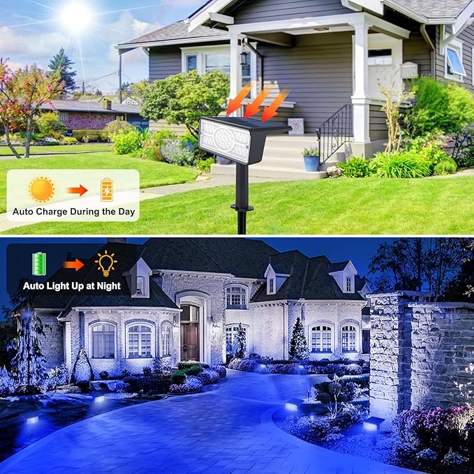 T-SUN Solar Spot Lights Outdoor, 4 Pack 49LED Landscape Spotlights, 2 Lighting Modes Auto ON/Off Solar Lights for Trees, Garden, Yard, Pathway, Driveway(Blue)