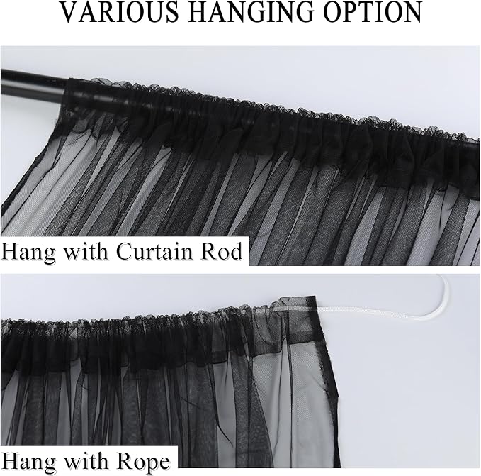 Extra Wide Outdoor Curtains Waterproof Black Voile Mesh Screen Lightweight Privacy Bug Netting for Patio Porch Balcony Pergola Terrace, W125 x L98 inch per Panel, 2 Panels