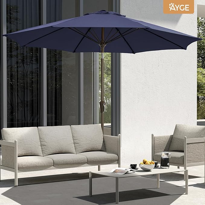 Ayge 9FT Large Outdoor Patio Umbrella Market Table Umbrella-UV Resistant, Easy Push Button Tilt and Crank, 8 Sturdy Fiberglass Ribs Heavy-Duty Pool Umbrella for Deck, Backyard,Garden,Navy