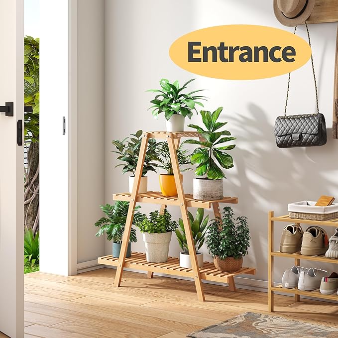 Bamboo Plant Stand - Indoor/Outdoor 3 Tier Plant Ladder, 8 Potted Flower Holder, Natural