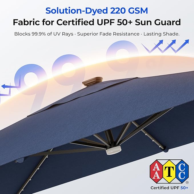 HOMSHADE 10 ft Square Cantilever Patio Umbrella with Base Included, Solar Lights Large Umbrella Outdoor Patio with 360°Rotation&Tilting, LED Lighted Offset Umbrellas w/Stand for Pool Deck