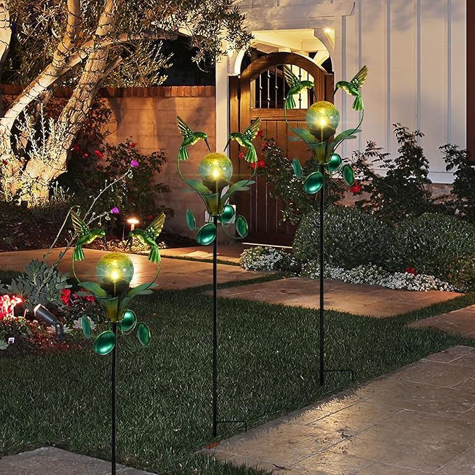 Solar Lights Outdoor Metal Garden Stake Waterproof Crackle Glass Globe Garden Decor Green Hummingbird for Pathway, Lawn, Patio, Yard