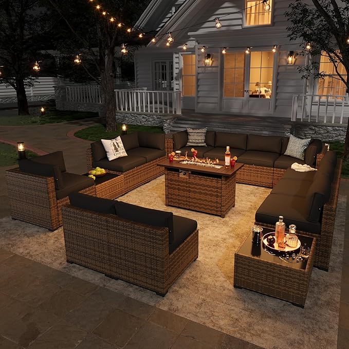 Aoxun Patio Furniture Sets, 15-Piece Outdoor Patio Furniture with 44'' Propane Gas Firepit Table, Wicker Outdoor Conversation Set Sectional Sofa for Backyard, Poolside, Garden