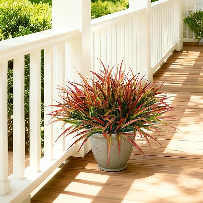 Ivydale 12Pcs Fake Plants Outdoor Artificial Plastic Grass Spring Decoration UV Resistant Faux Greenery Stems Bushes Outside Fake Plants for Planters Patio Porch Window Box Pathway Garden Home Decor