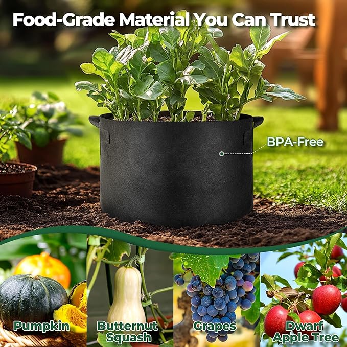 T4U 25 Gallon Grow Bags, Upgrade Grow Bags with Handles, Heavy Duty Thickened Nonwoven Fabric Pots, 25 Gallon Pots for Plants, Pumpkin, Butternut Squash, Grape (5 Pack 25 Gal)