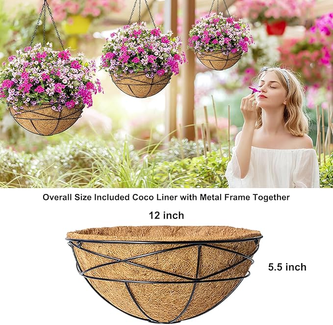 2 Pack 12 Inch Hanging Planters for Outdoor Plants Metal Watering Flower Baskets with Coco Liner for Hanging Pot Round Plant Holders Planter for Outside Garden Decor