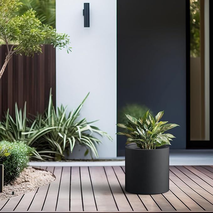 Kante 12.6" Dia Round Concrete Planter, Modern Style Large Cylindrical Plant Pot with Drainage Hole and Rubber Plug for Indoor Outdoor Patio, Black