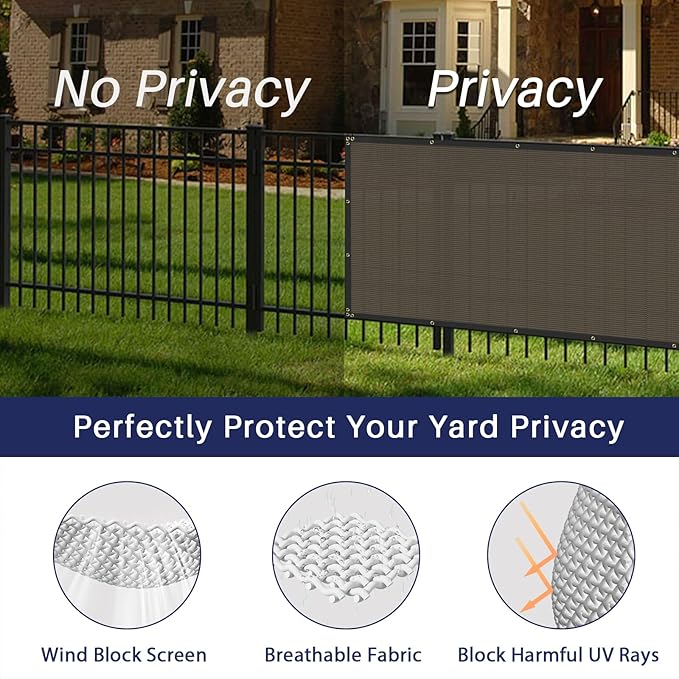 WINDSCREEN4LESS 6' x 9' Privacy Fence Screen in Brown for Chain Link Fence W/ Brass Grommet 85% Blockage Windscreen Outdoor Mesh Fencing Netting 150GSM Fabric W/ Zip Ties - Custom Size