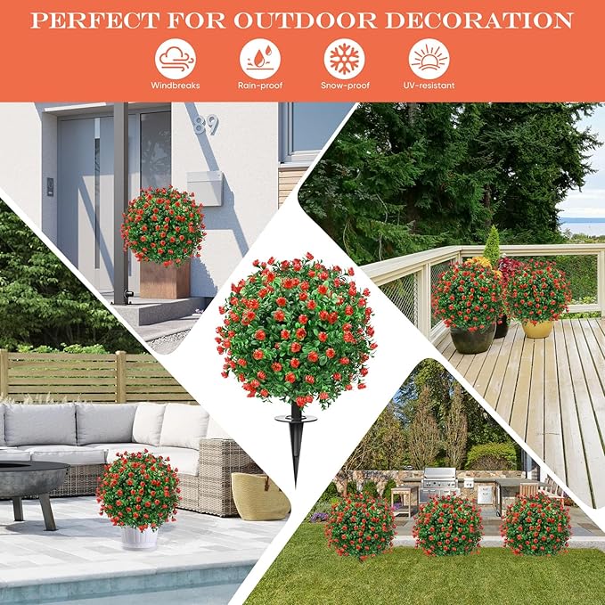 Artificial Topiary Bushes for Outdoors with Spike, Boxwood Ball Fake Shrubs UV Resistant Faux Plants for Indoor Outdoor Fall Thanksgiving Halloween Decor (Artificial Boxwood Ball Bush-Red)