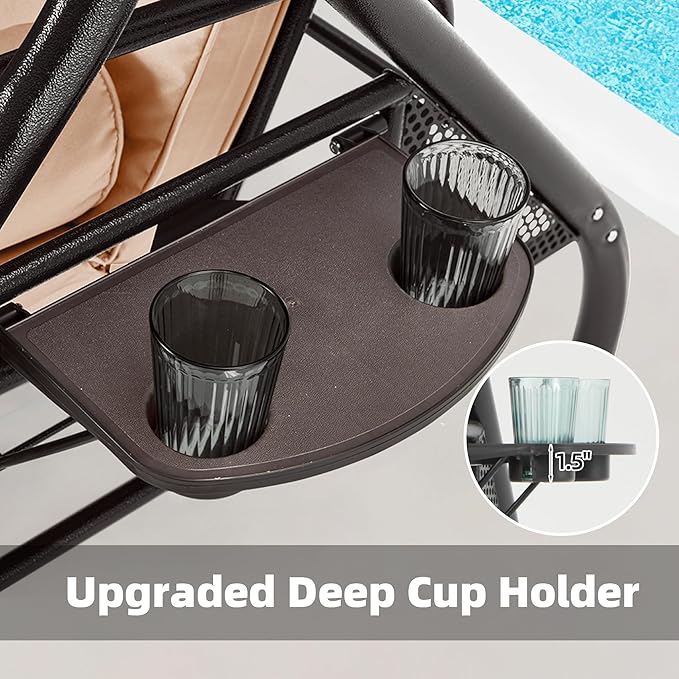 HOMREST 3 Seat Outdoor Porch Swing with Adjustable Canopy, Convertible Patio Swing Bed with Stand, Patio Glider Swing with Upgraded Cup Holder, Thicken Cushions ＆ Pillow for Backyard(Khaki)