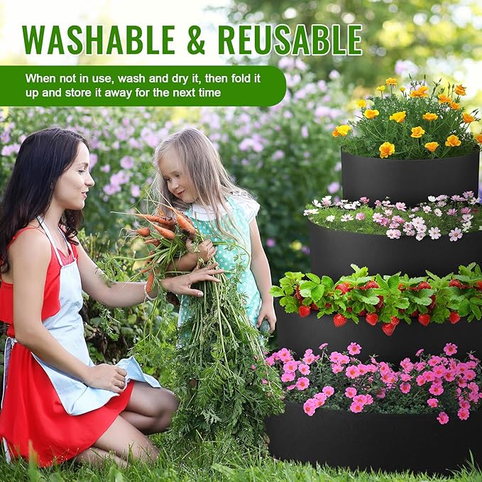 8 Pcs Plant Grow Bags 4 Tiered Strawberry Planter Tower Fabric Raised Garden Beds, 39 Inch Nonwoven Strawberry Pyramid Planter for Vegetables Flower Herbs Gardening Outdoor Growing (Black)