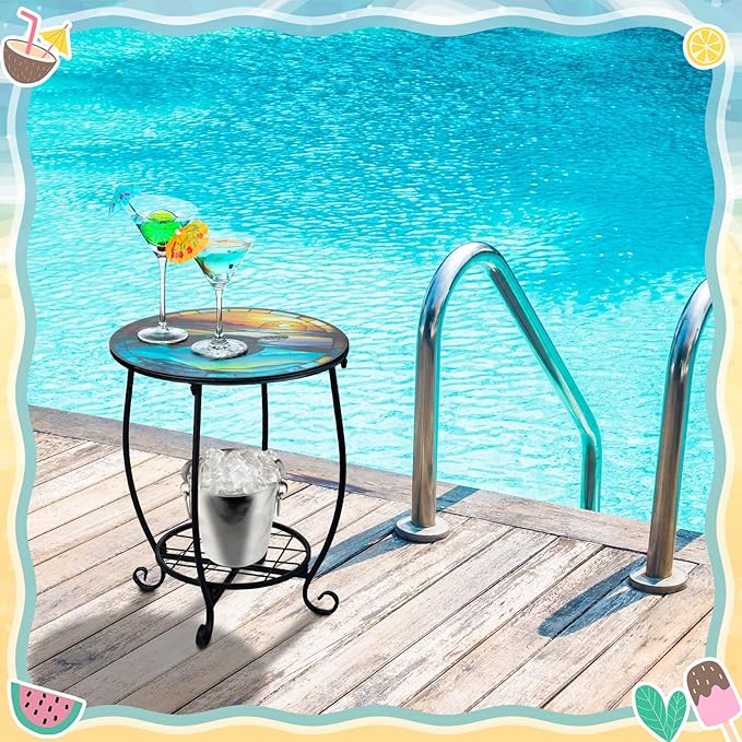 Outdoor Side Table Round Small Mosaic Patio Accent Indoor End Plant Coffee Tea Table for Yard Patio Porch Garden Living Room, Bedroom(Turtle Style,14 Inch)