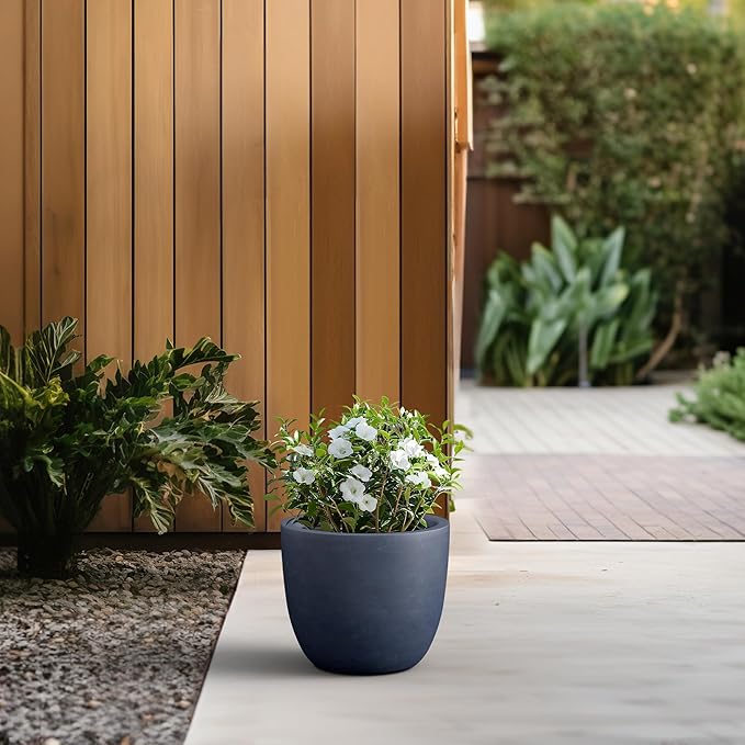 Kante 14 Inch Dia Round Concrete Planter, Indoor Outdoor Large Plant Pot with Drainage Hole and Rubber Plug for Home Patio Garden, Dark Gray