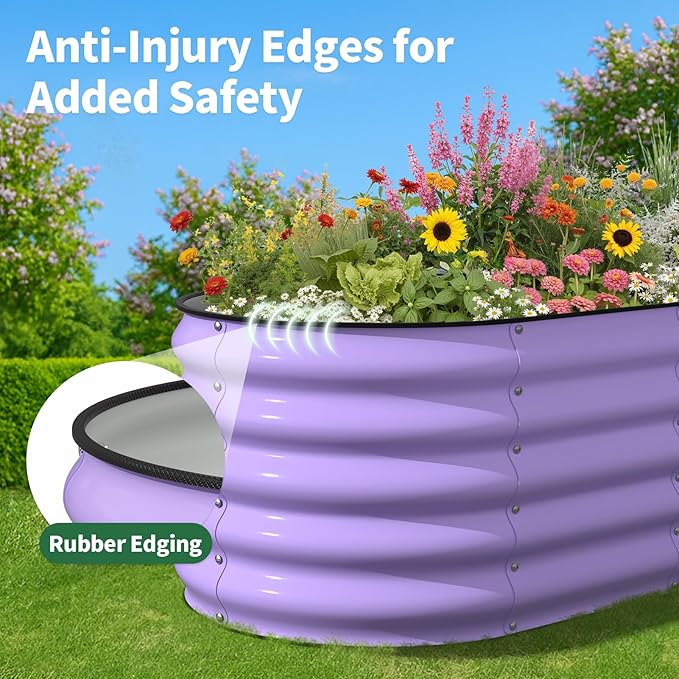 Kesfitt Raised Garden Bed, Metal Galvanized Steel Oval Garden Bed 8x2x1.5 ft with 18-Inch Deep Open-Bottom Design for Outdoor Vegetable Gardening, Lavender Purple